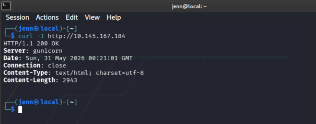 curl -I response showing gunicorn server header